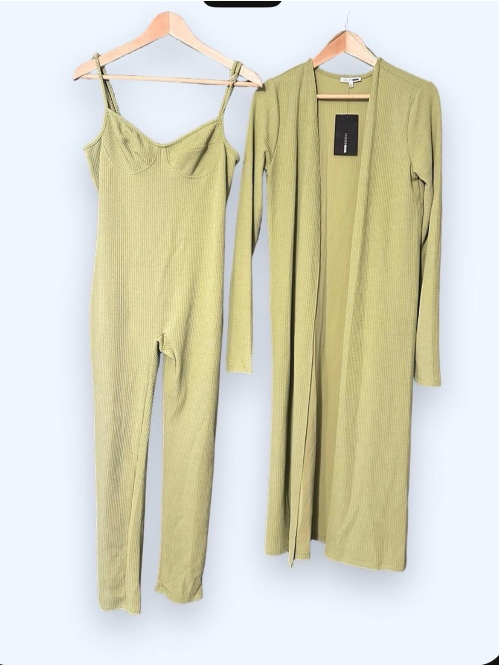 Ribbed Olive Green Jumpsuit & Duster Set - Women Pants & Jumpsuits